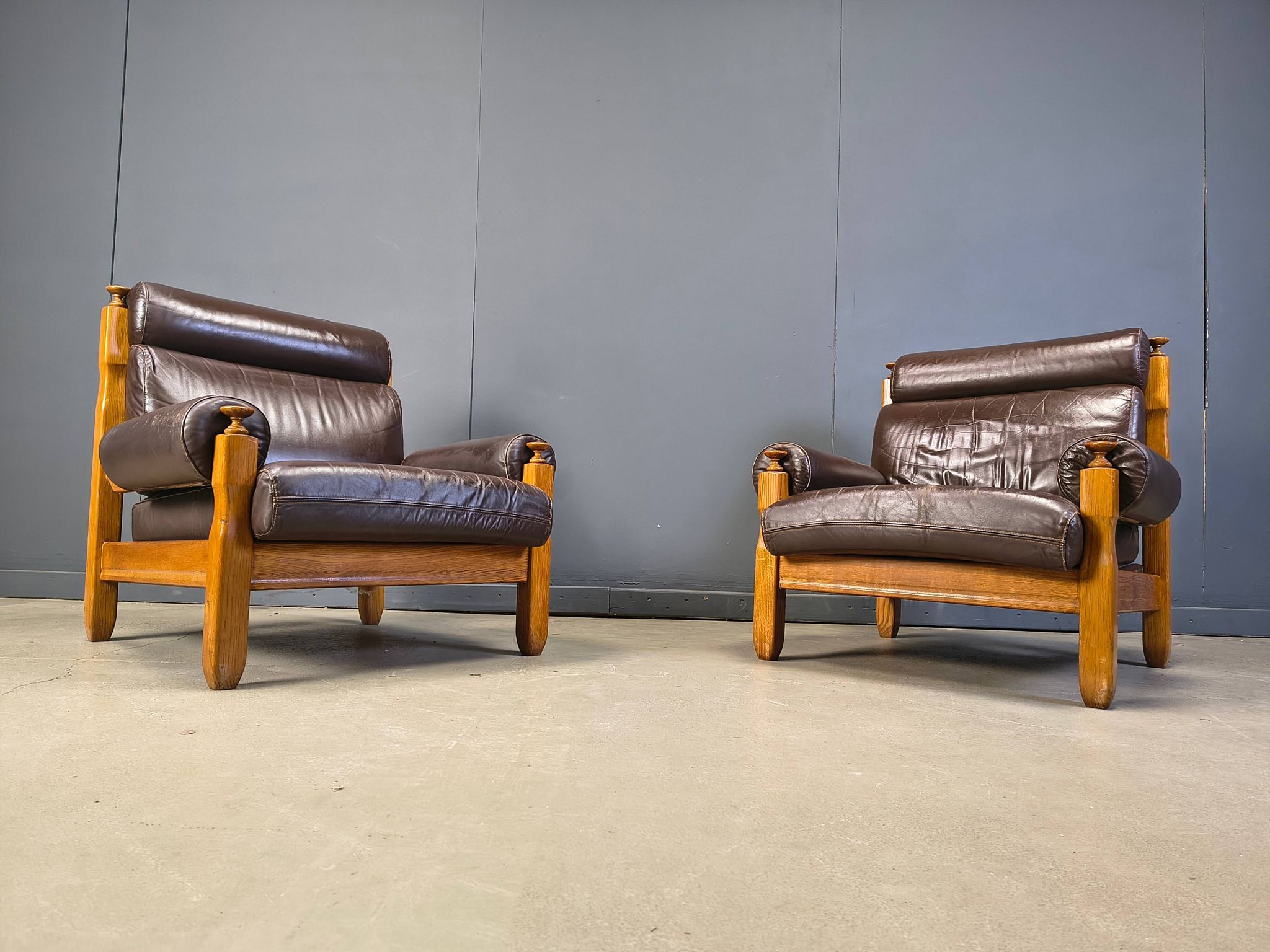 Vintage rustic brown leather and oak armchairs, 1960s - set of 2