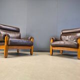 Vintage rustic brown leather and oak armchairs, 1960s - set of 2