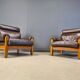 Vintage rustic brown leather and oak armchairs, 1960s - set of 2