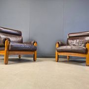 Vintage rustic brown leather and oak armchairs, 1960s - set of 2