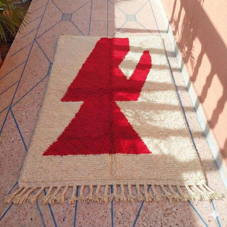 Tapis berbère en laine pure fait main rouge et blanc 150/250 cm