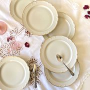 Set of 6 antique off-white porcelain dessert plates with gold trim