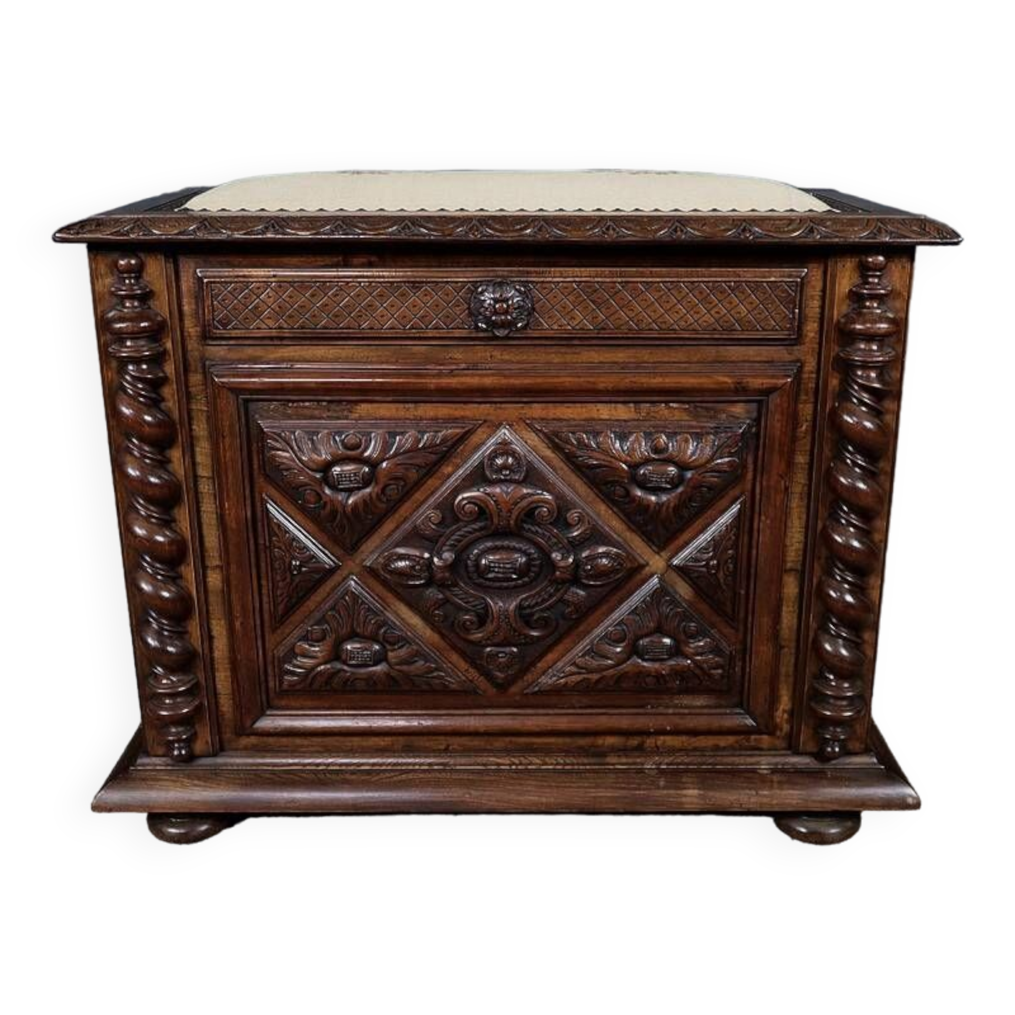 Coffre à linge de palier en hêtre et noyer massif, style louis xiii – fin xixe
