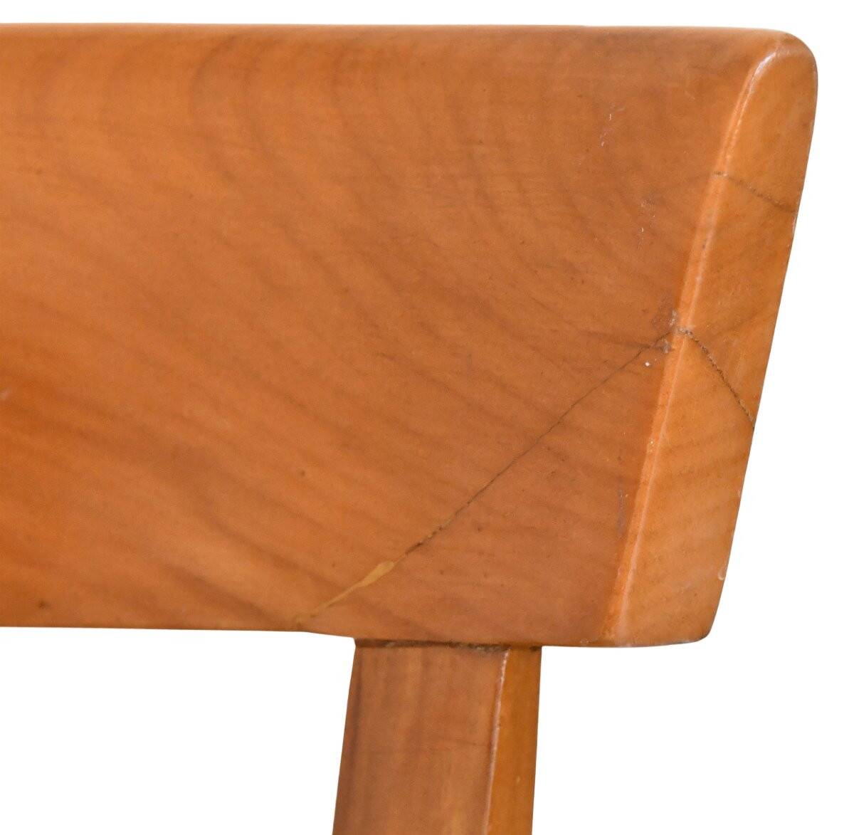 Pair of chairs with slatted backs and painted bands depicting animated landscapes.