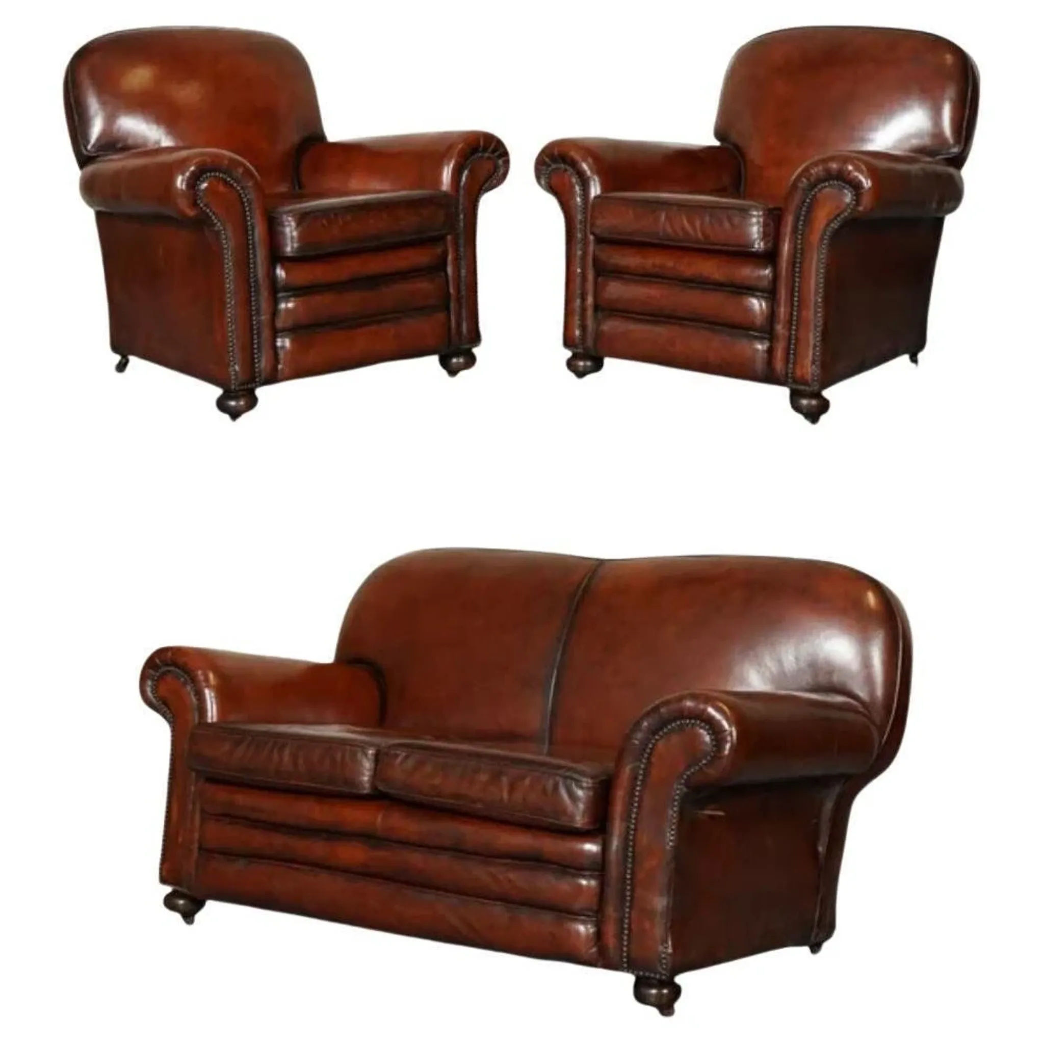 Victorian Leather Armchairs and Sofa in Burgundy, Set of 3