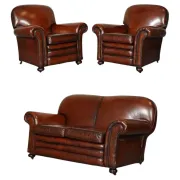 Victorian Leather Armchairs and Sofa in Burgundy, Set of 3