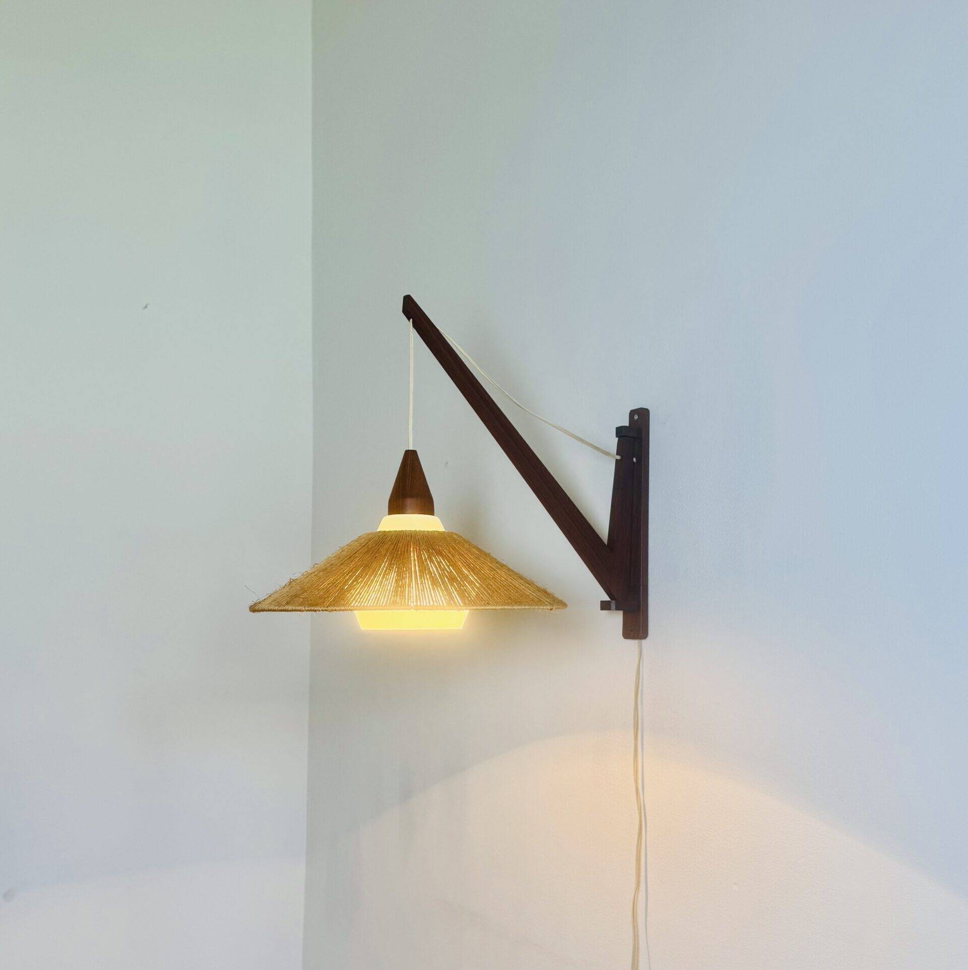 Wood And Sisal Wall Lamp By E.R. Nele For Temde Leuchten, Germany/Switzerland 1960S
