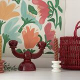 Burgundy enameled ceramic candlestick / candelabra signed CS