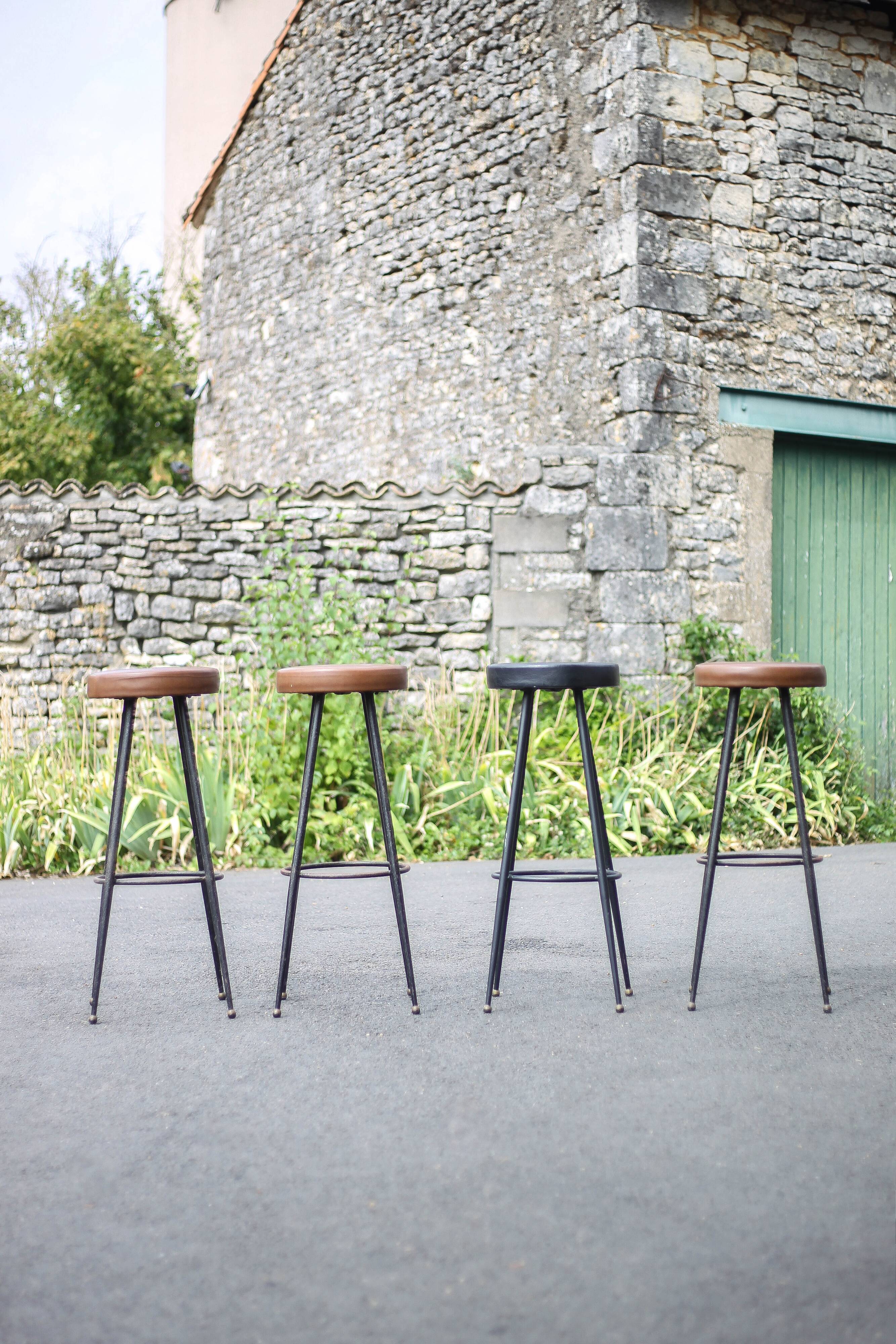 Set of 4 bar stools, metal and imitation leather stool, high stool