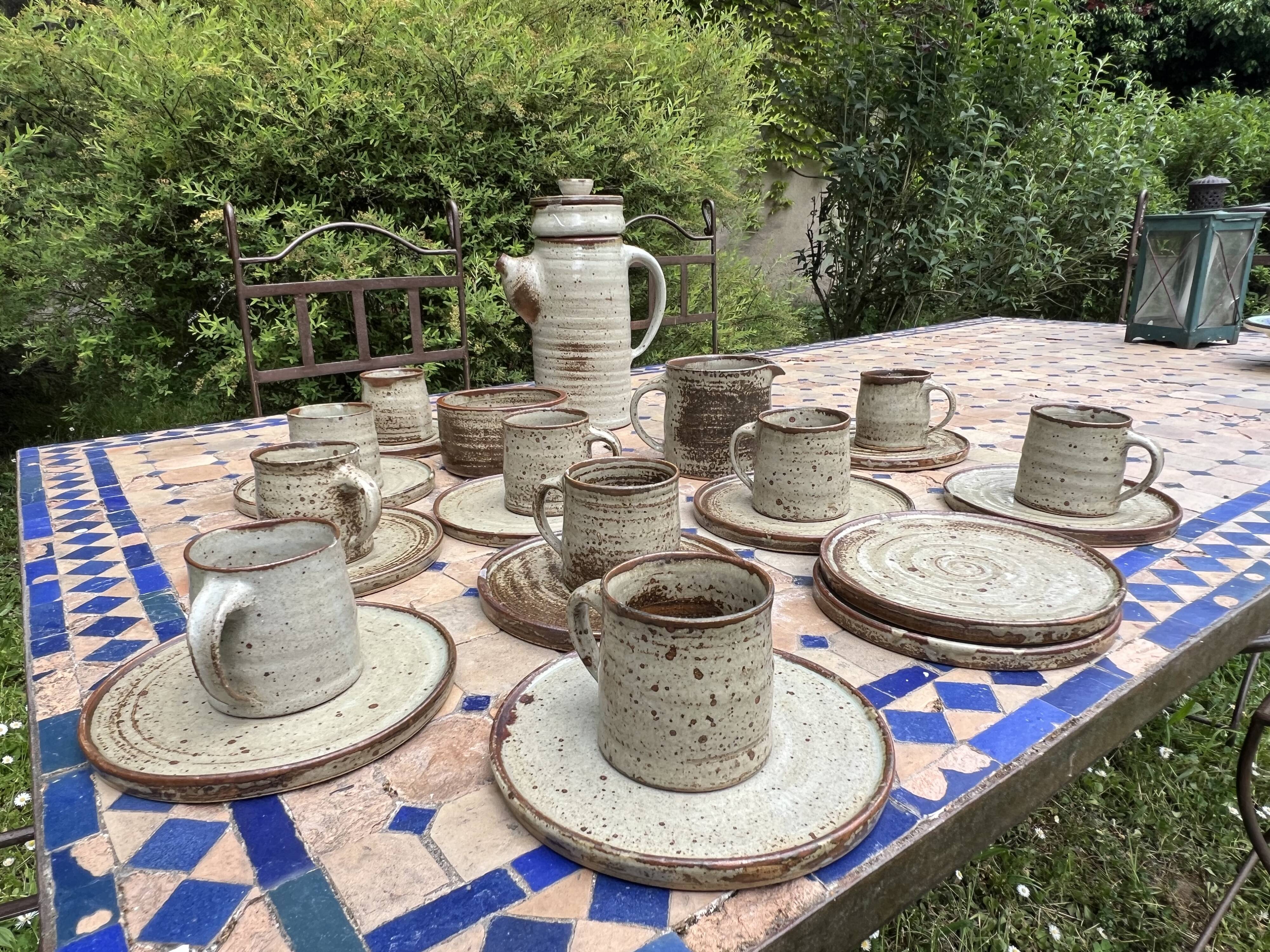 Vintage coffee and tea set in glazed stoneware from Puis potters - 15 pieces