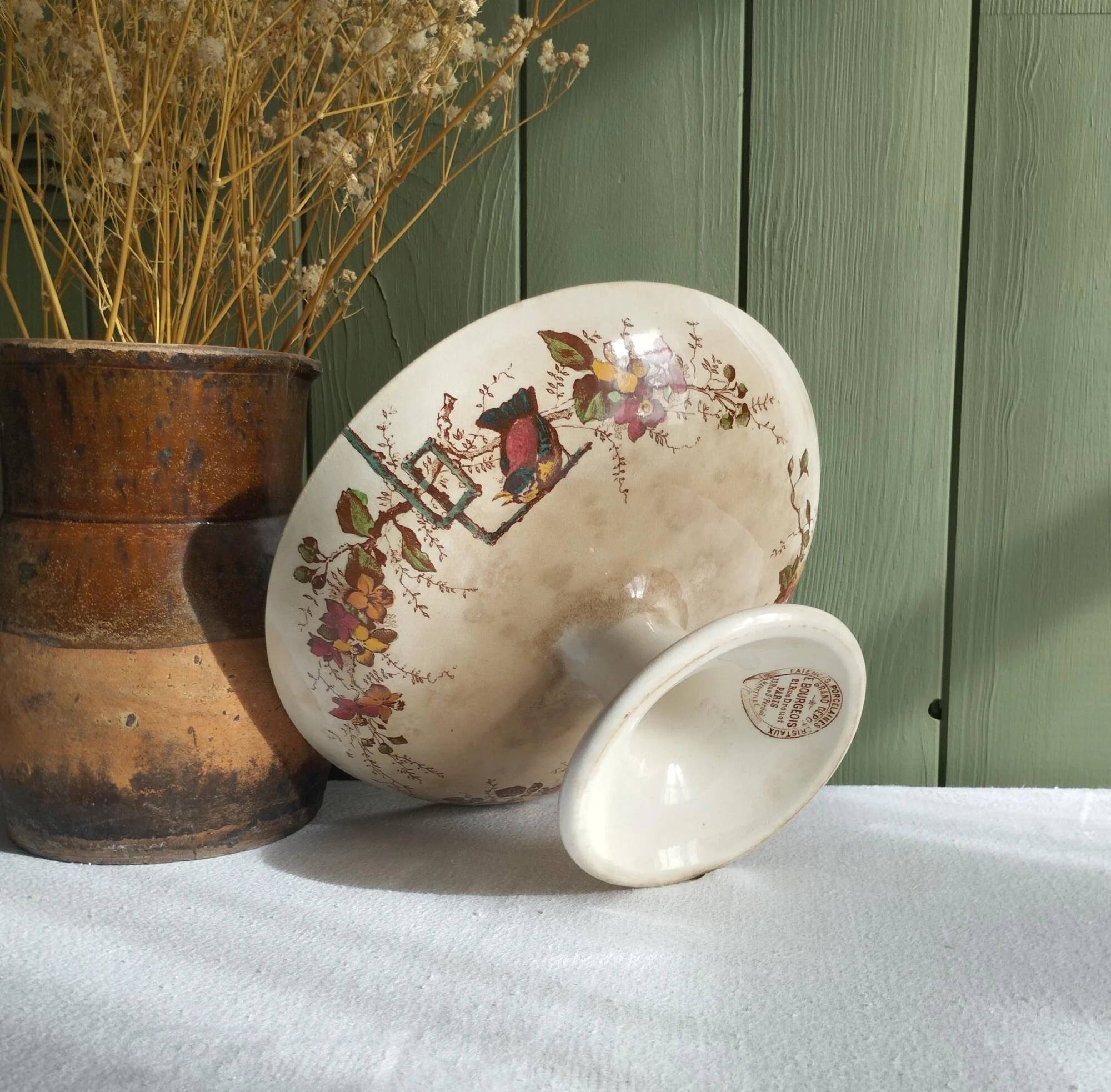 Ironstone compote E. Bourgeois Grand Dépôt Birds