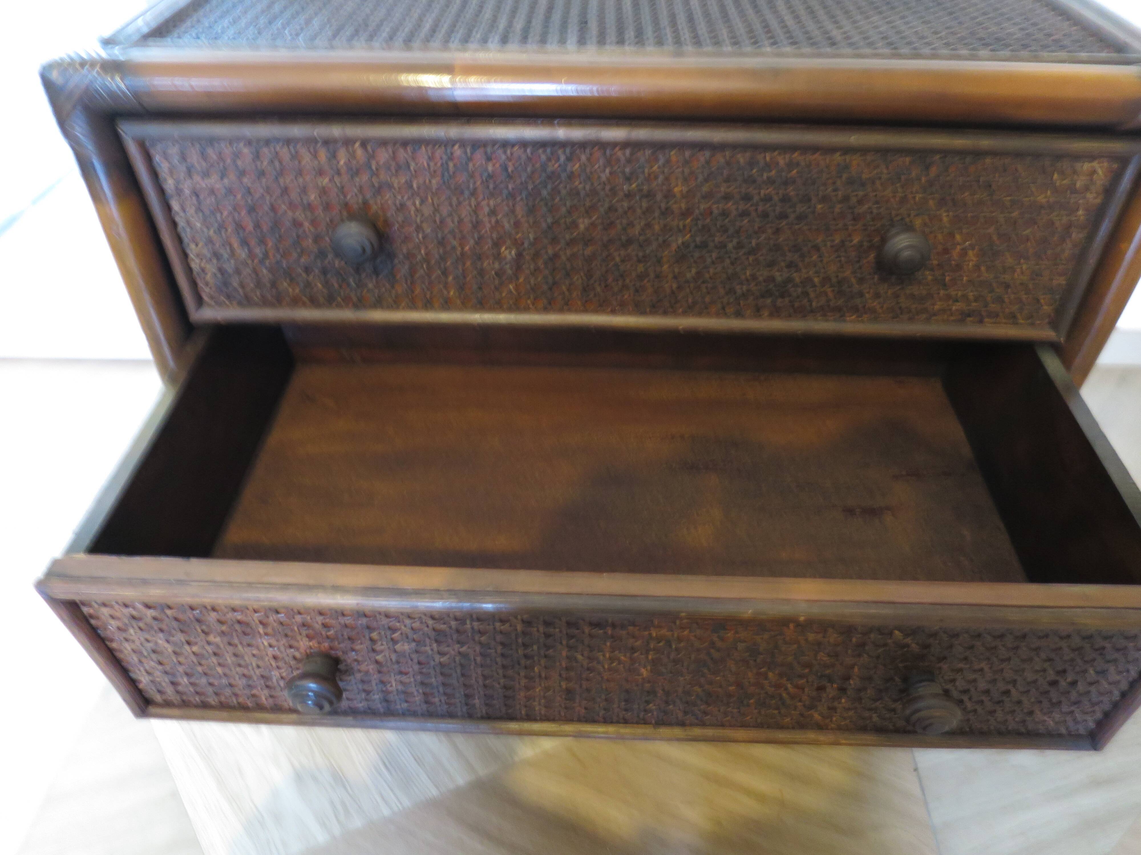 Vintage 3-drawer chest of drawers - wood, bamboo and woven rattan - 1980s