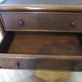 Vintage-commode 3 tioirs -bois bambou et rotin tressé - années 80