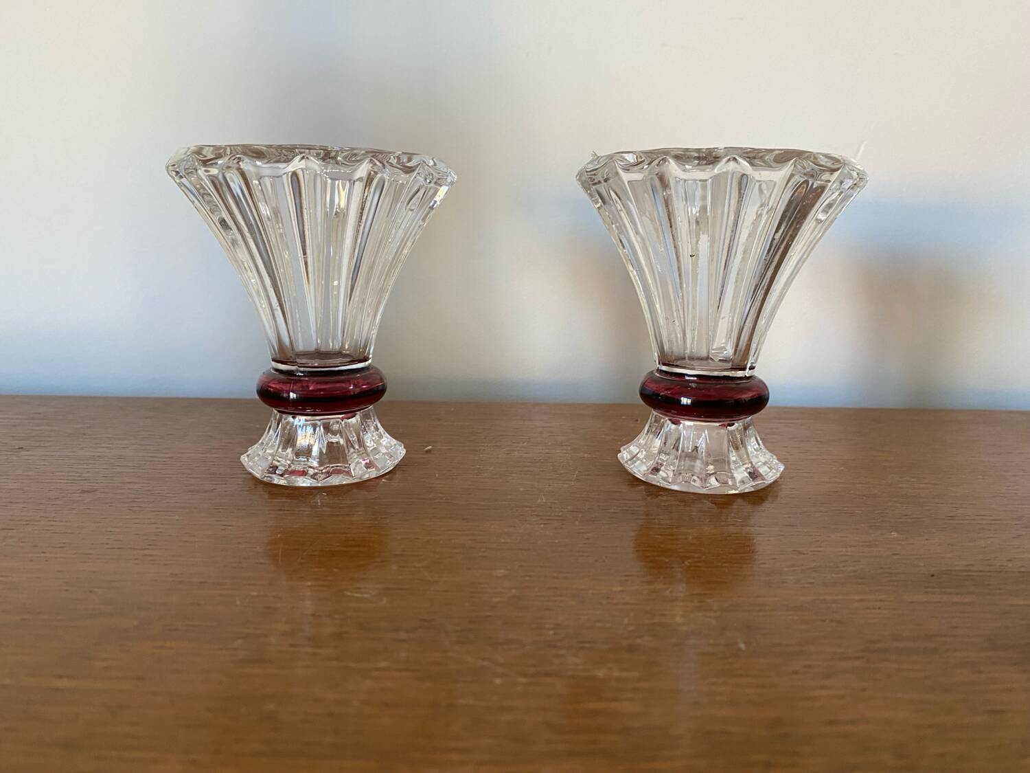 Pair Antique Clear + Red Carved Vase Vintage Decoration
