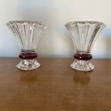 Paire Ancien Vase Taillé Transparent + Rouge Décoration Vintage
