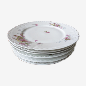 6 assiettes plates porcelaine signée Limoges SS France décor anémones et marguerites