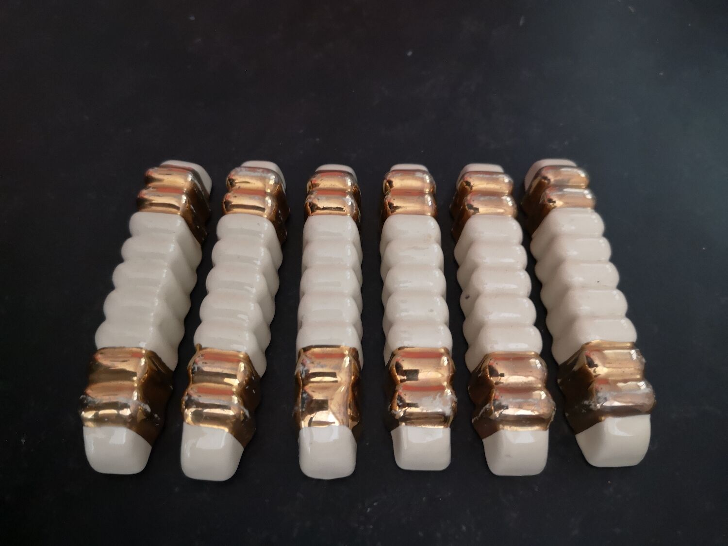 Set of 6 Art Deco knife holders in cream and gold earthenware