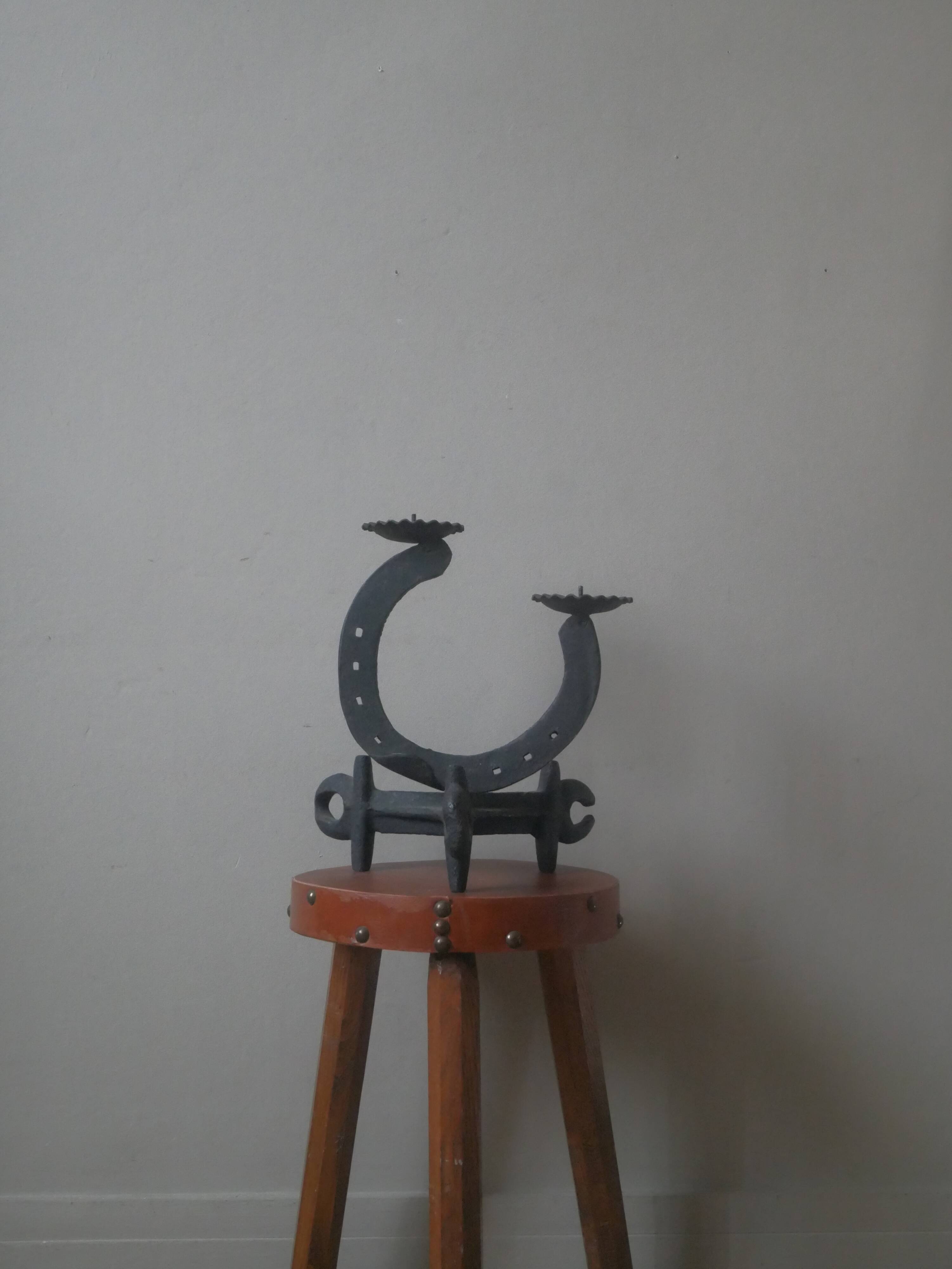 Cast iron ironwork candle holder horseshoe candlestick candelabra artisanal brutalist decoration