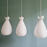 Set of 3 Scandinavian pendant lights in white satin glass, 1960s