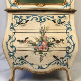 Venetian-style showcase chest of drawers in lacquered wood with flower painted decoration