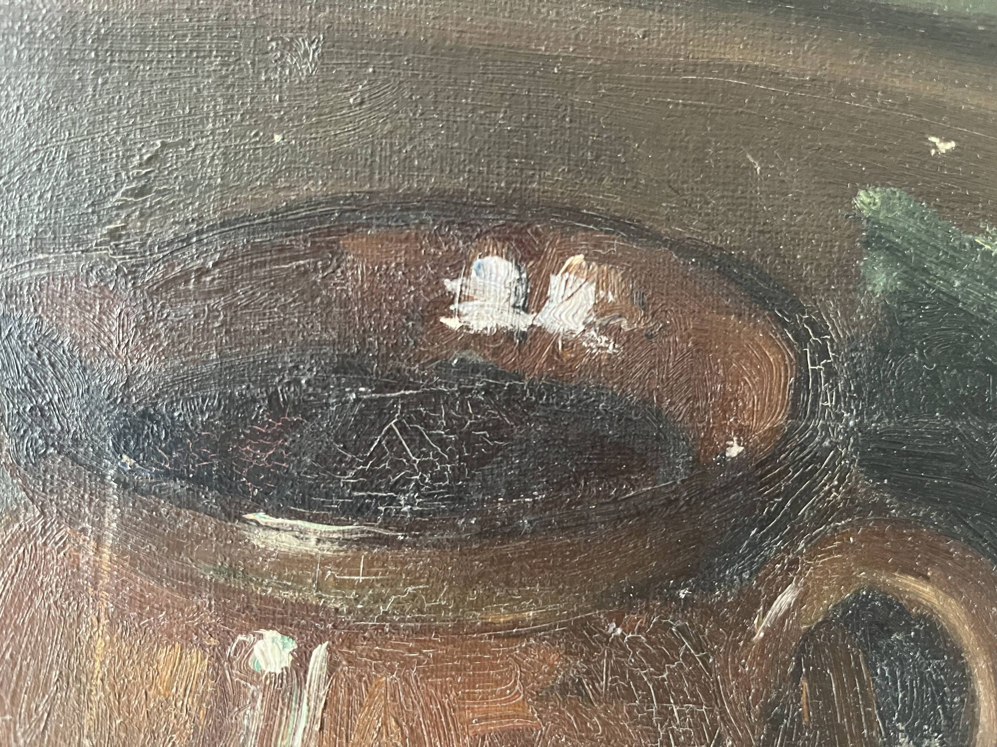 Oil on canvas still life with fish from the 1920s, antique painting.