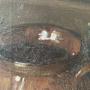 Oil on canvas still life with fish from the 1920s, antique painting.