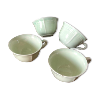 4 coffee cups in fine green earthenware vintage mint 50s