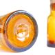 2 amber blown glass jars, cork stoppers