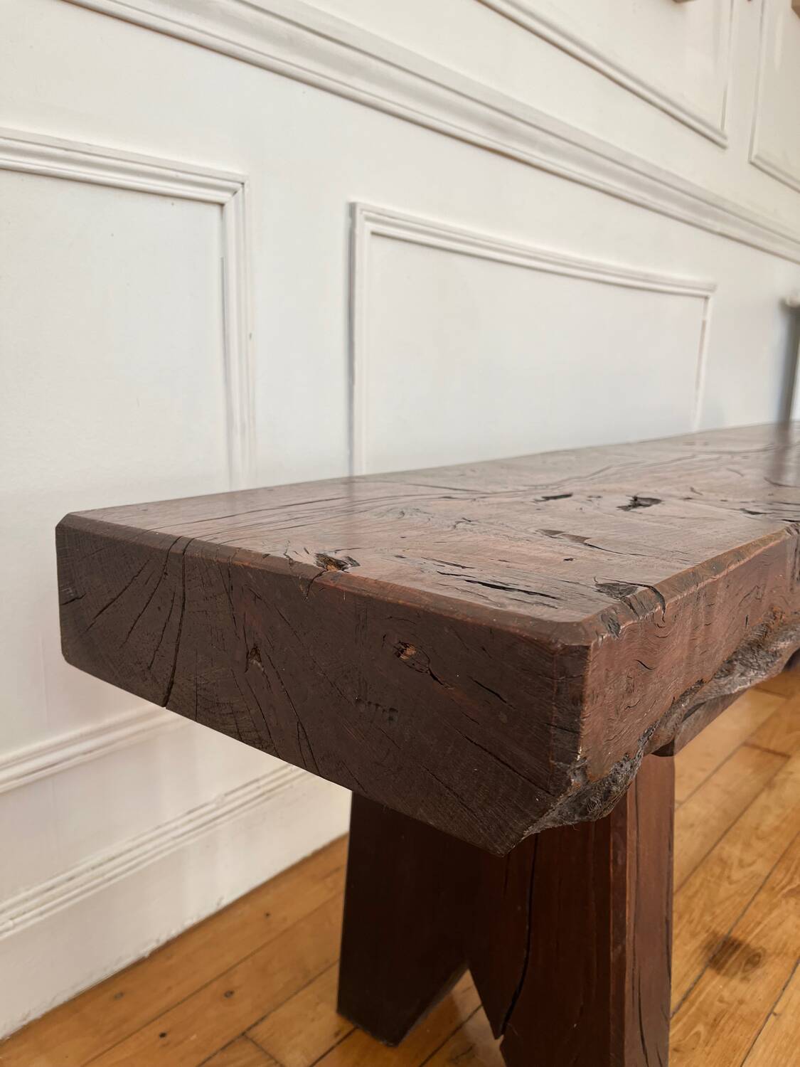 Brutalist Folk Art Bench Solid Oak