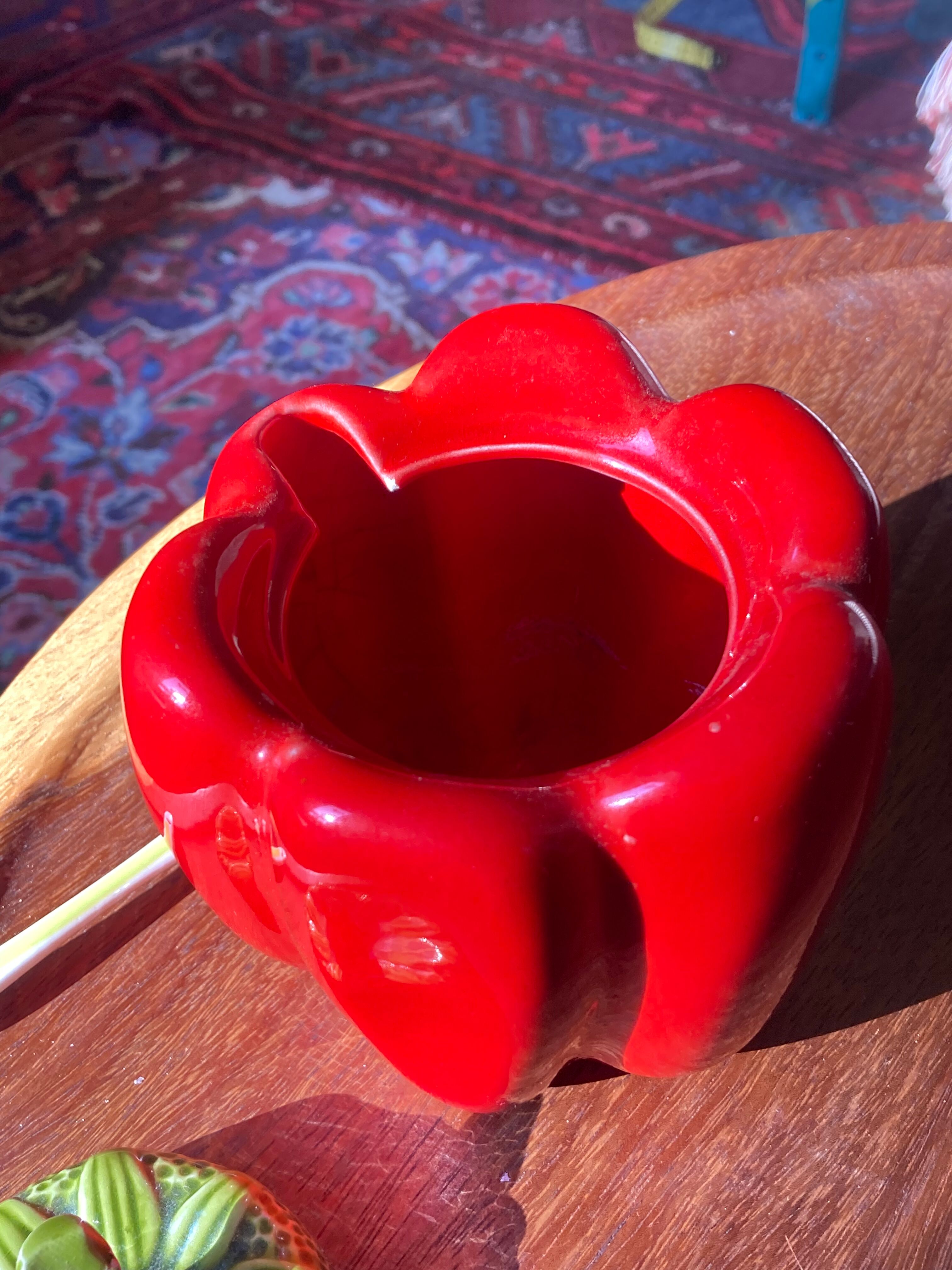 Vintage pepper slip / red and green ceramic covered pot / sugar bowl