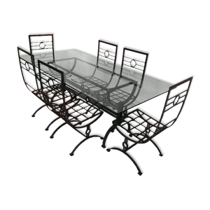 Ensemble table et 6 chaises en fer forge et verre