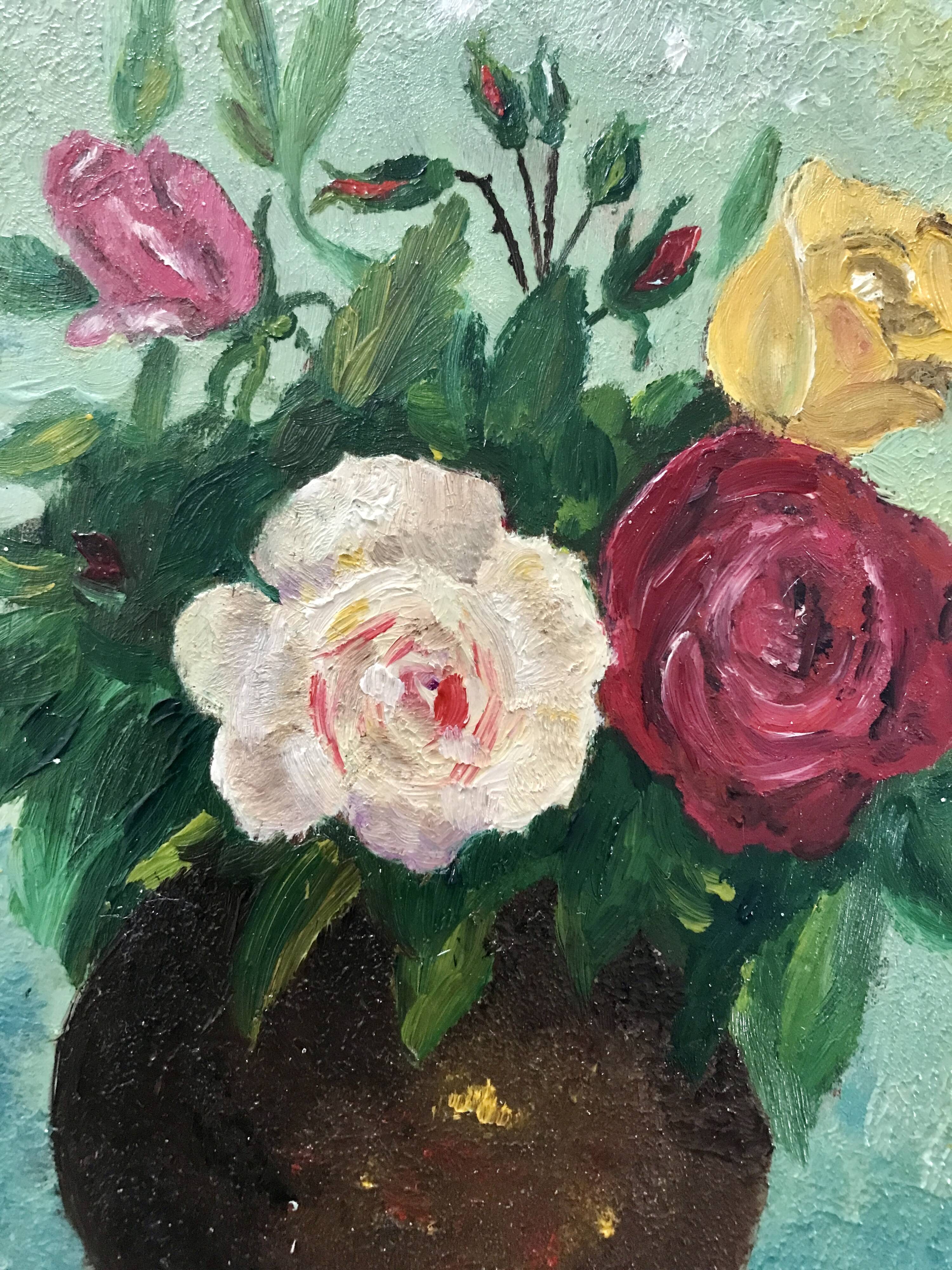 Small old still life painting of a bouquet of roses