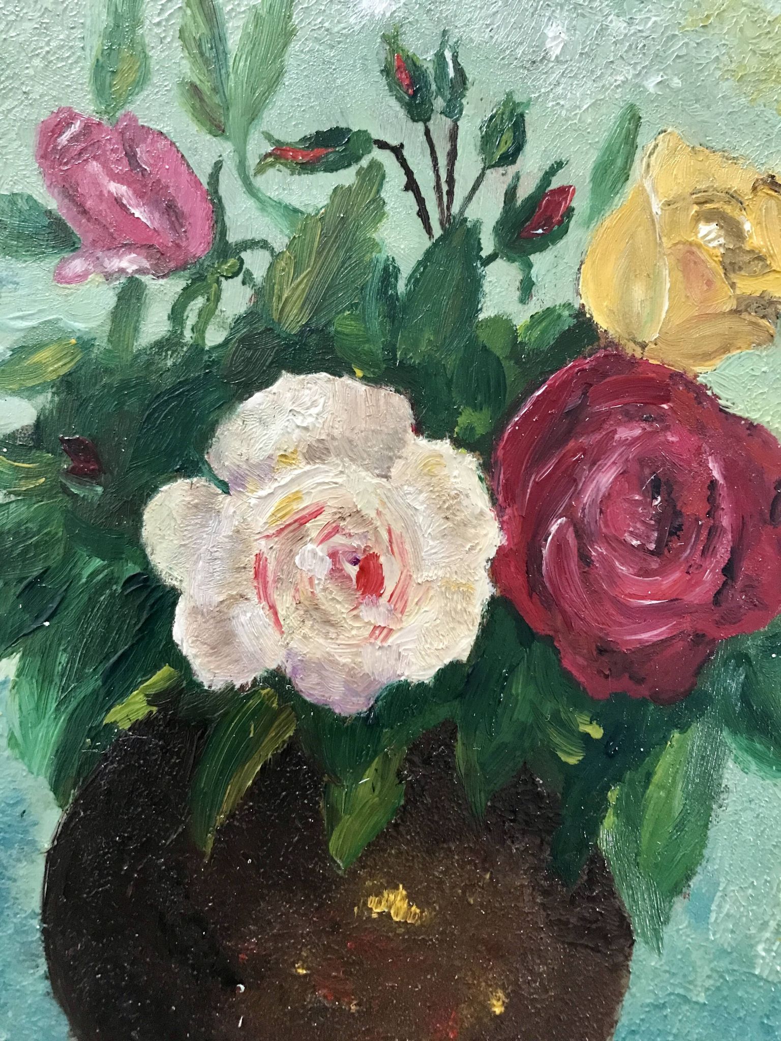 Small old still life painting of a bouquet of roses