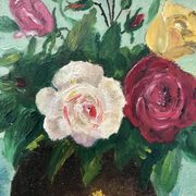 Small old still life painting of a bouquet of roses