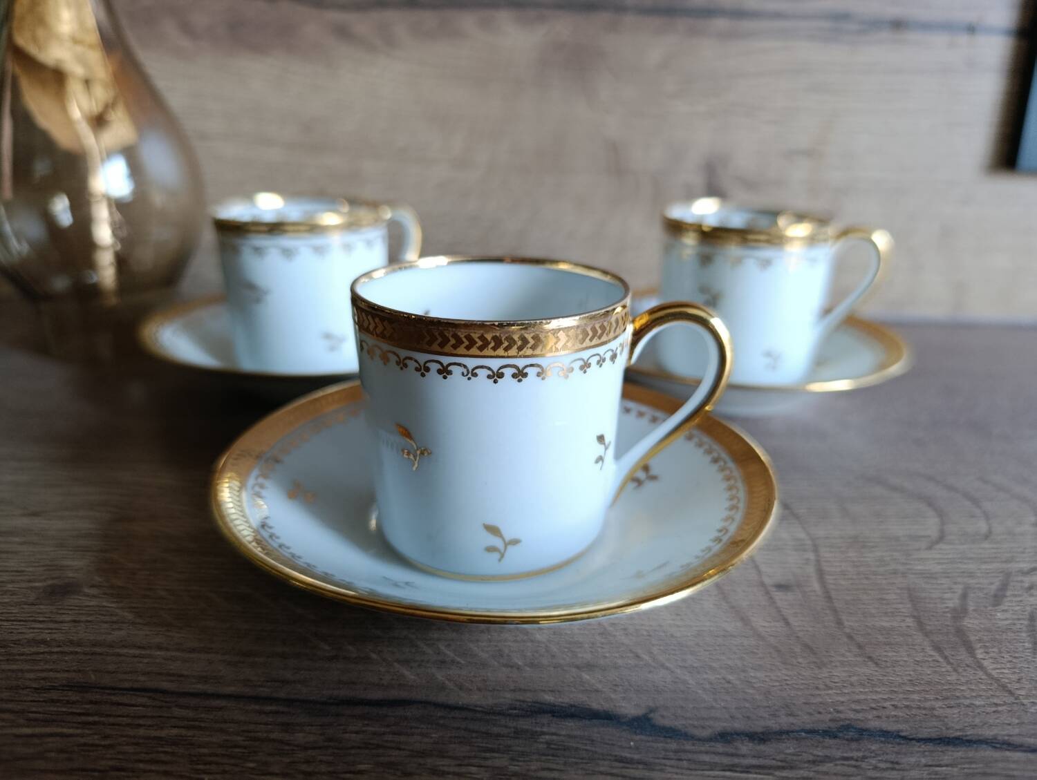 3 litre cups and saucers Empire gilded porcelain, Limoges 1950