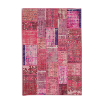 Hand-knotted oriental overdyed 198 cm x 294 cm pink patchwork carpet