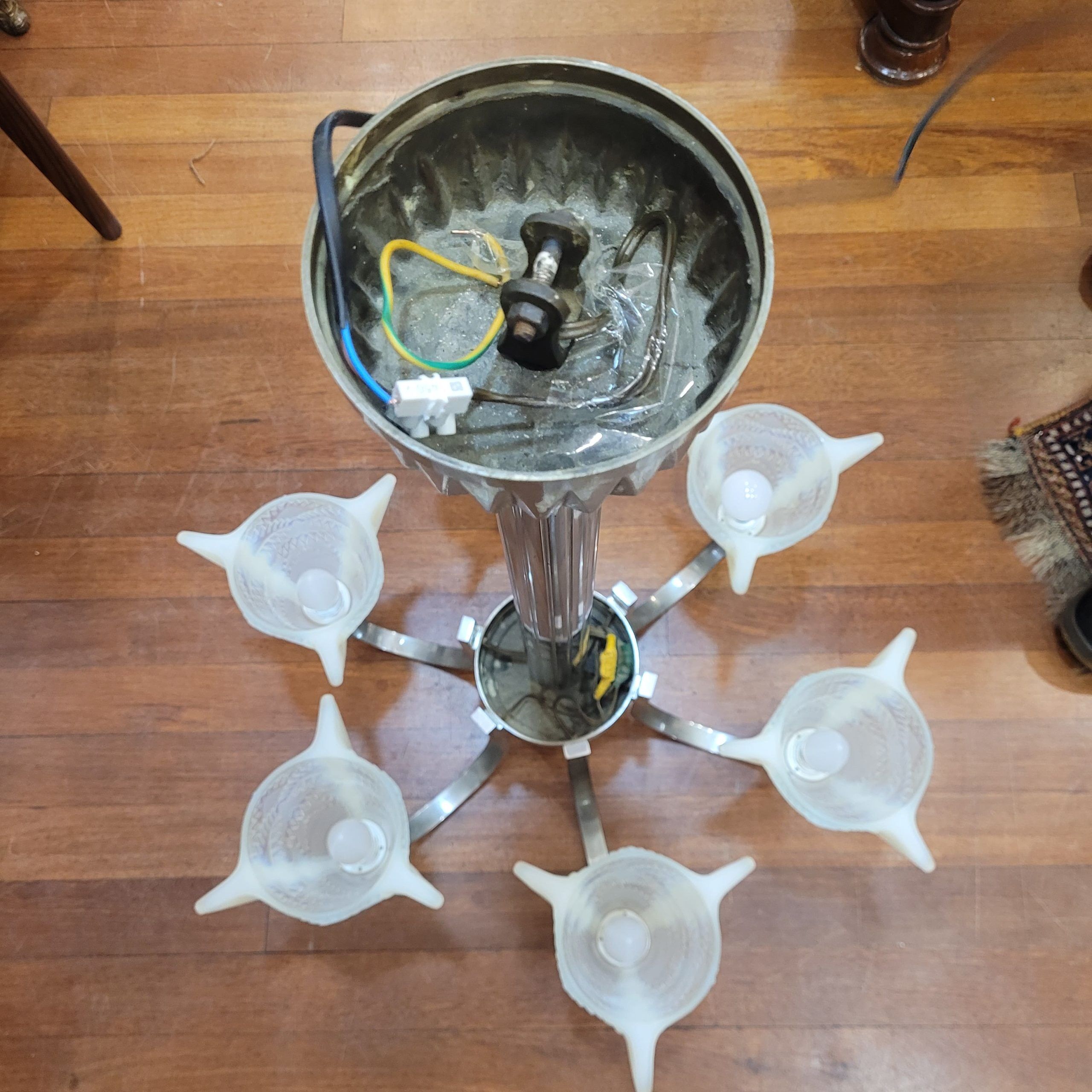 Ceiling light / Chandelier Atelier Petitot Paris, glass and nickel-plated metal, Art Deco, 1930s – France