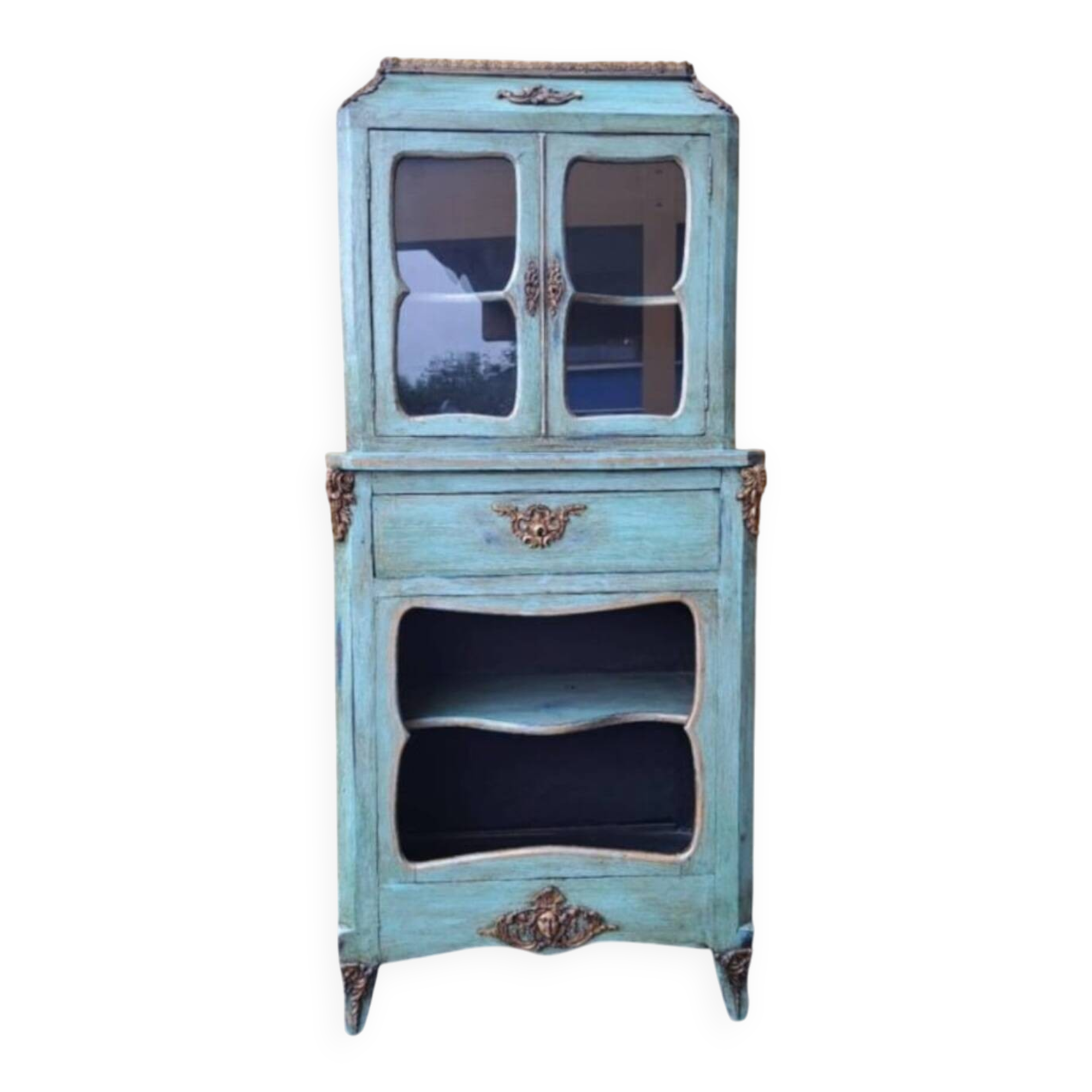 Blue patinated wood glass-fronted sideboard
