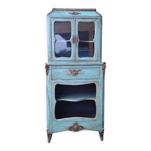 Buffet vitré en bois patiné bleu