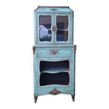 Blue patinated wooden display cabinet