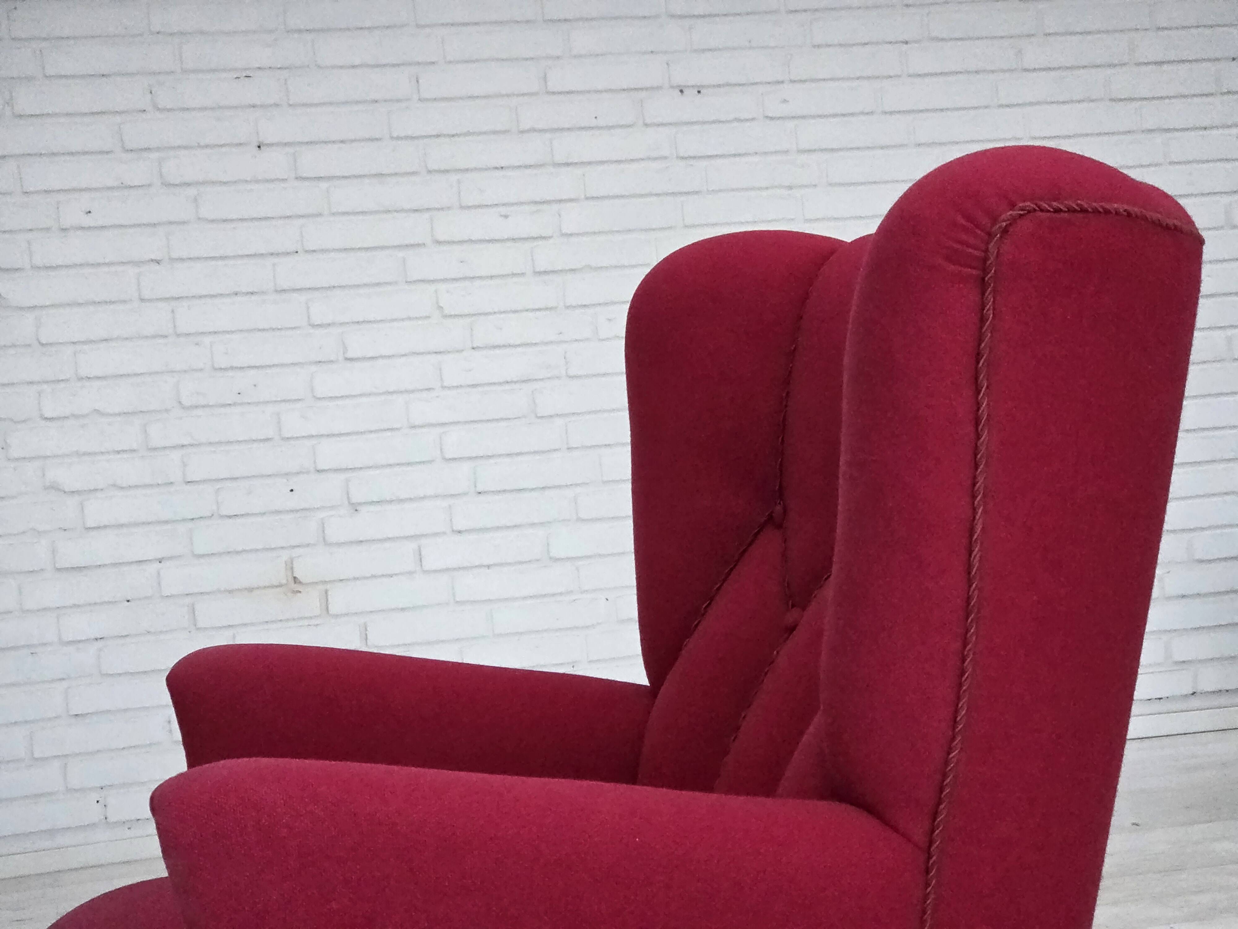 1960s, Danish armchair, furniture wool, beech wood logs.