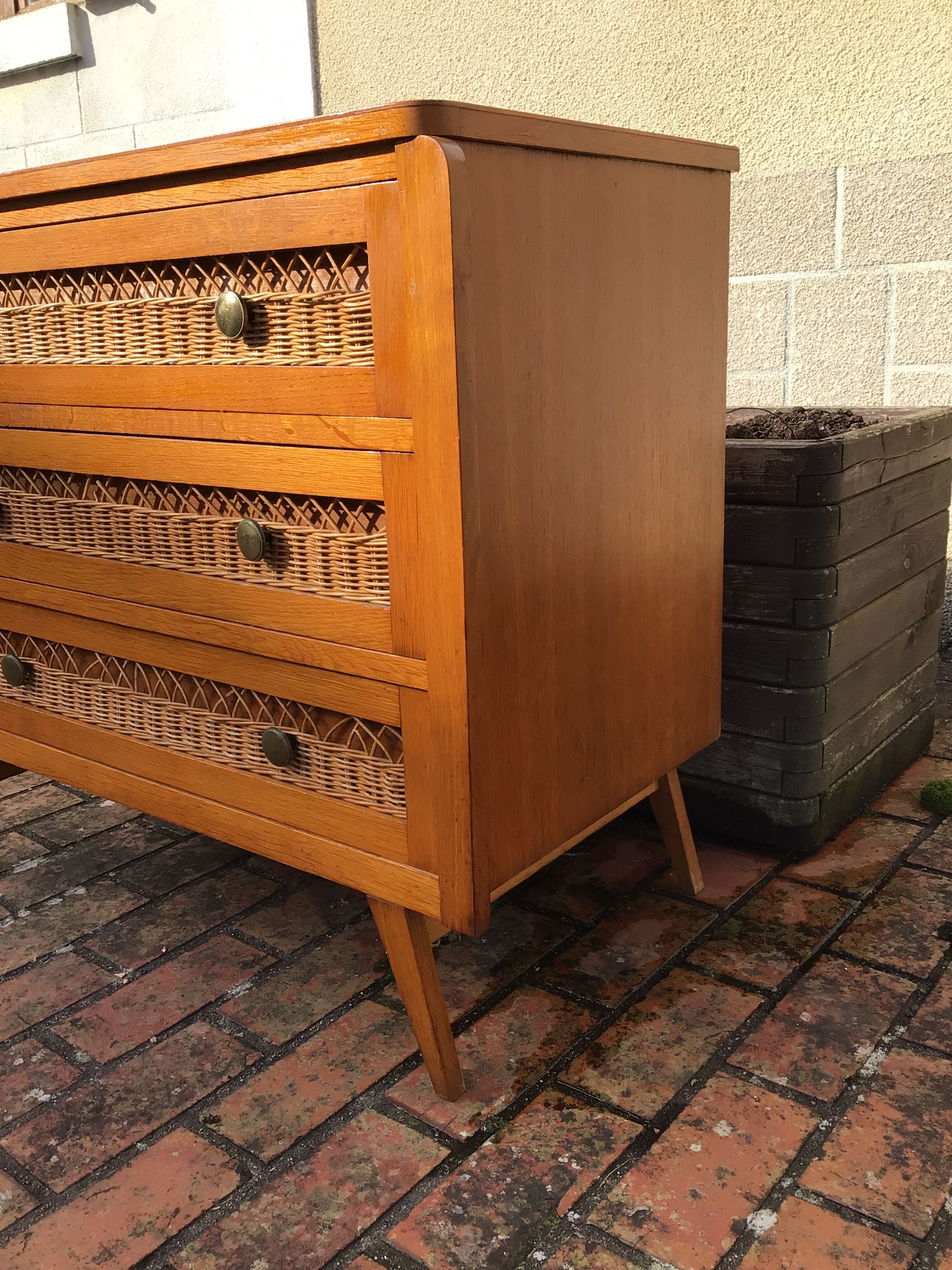Vintage chest of drawers 60s Wood & Rattan