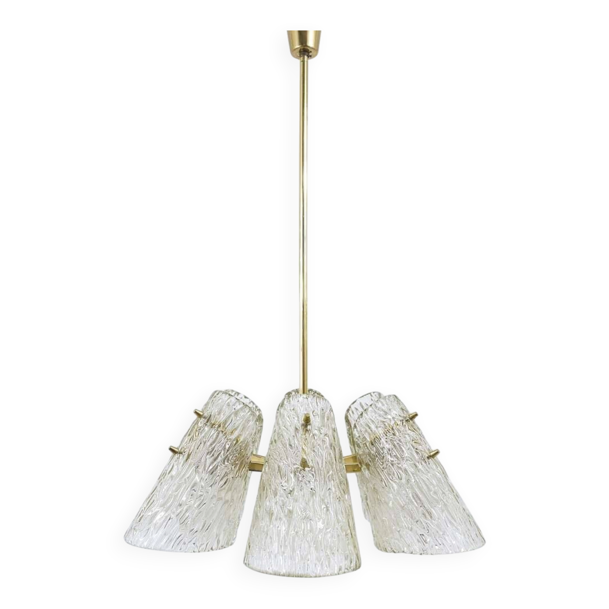 J.T. Kalmar Lustre in Brass, with Textured Glass Shade in Cone Shape, Austria, 1950
