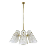 J.T. Kalmar Lustre in Brass, with Textured Glass Shade in Cone Shape, Austria, 1950