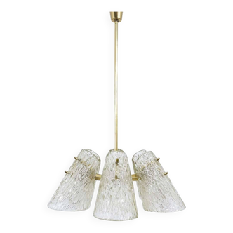 J.T. Kalmar Lustre in Brass, with Textured Glass Shade in Cone Shape, Austria, 1950