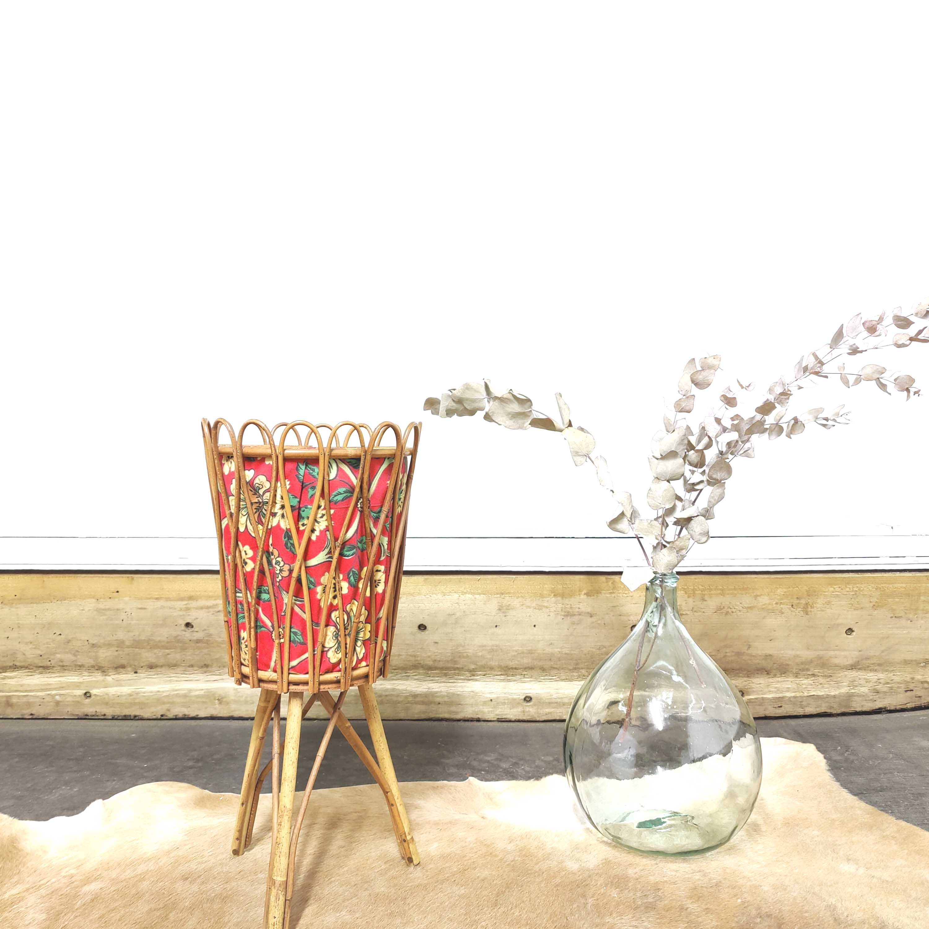 Rattan and floral fabric basket worker
