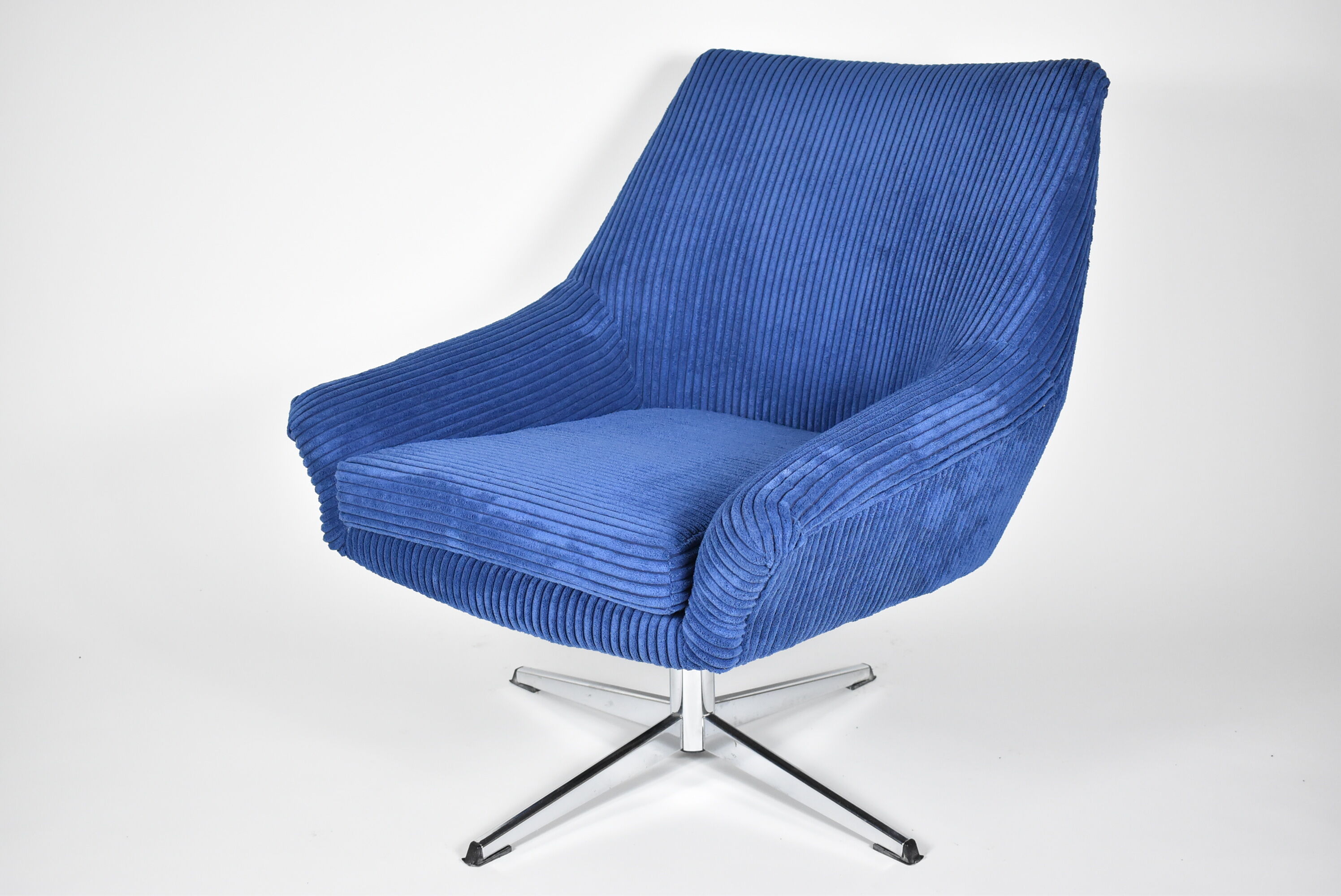 Vintage cord armchair shell, Deutsche democratic republic, ddr, 1960s, blue, chrome