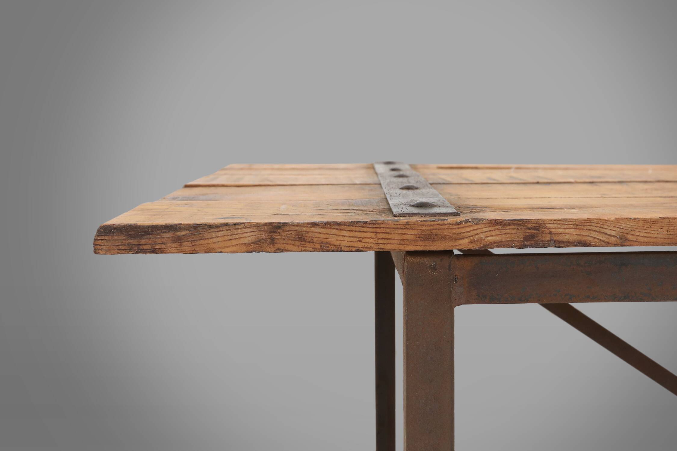 Industrial side table with metal frame and wooden top and removable platform, Belgium, 1920
