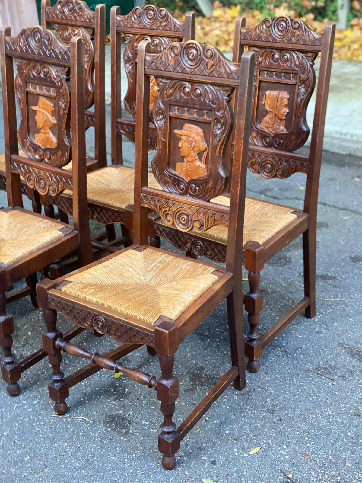 6 Henri II style solid wood straw-seated chairs