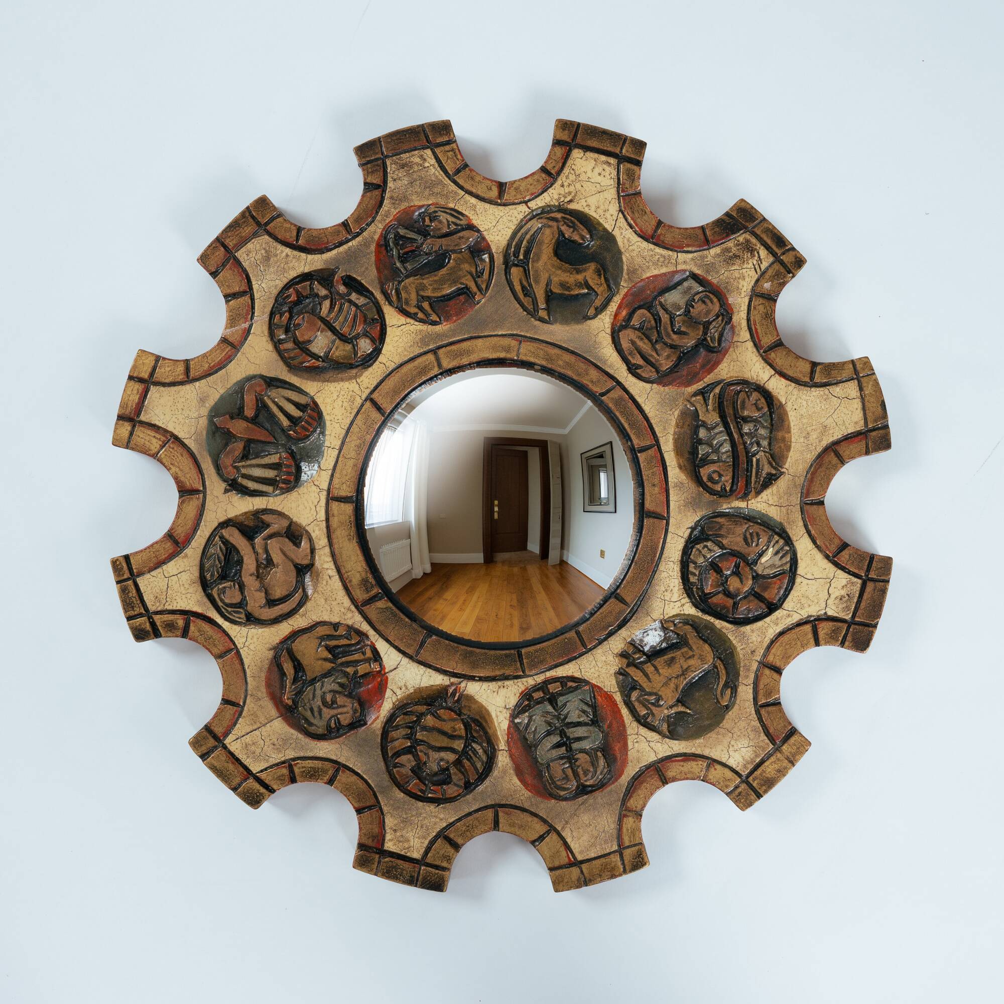 Spanish Zodiac Sunburst Mirror with Sculpted Red Giltwood Frame, Arnolfini, 1950s